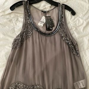 NWT Gray Sleeveless Sheer Beaded Blouse